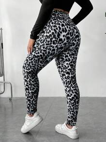 SHEIN EZwear 大码女式豹纹打底裤 - 灰色 - 查看 5