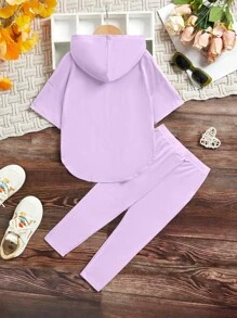 SHEIN Leap Crew 2 件套年轻女孩休闲简约圆领连帽衫和裤子套装，夏季 - 淡紫色 - 查看 2