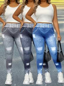 SHEIN LUNE Plus Size Dam Denim Effekt Tryckt Elastiska Skinny Leggings - Multifärgad - Visa 1