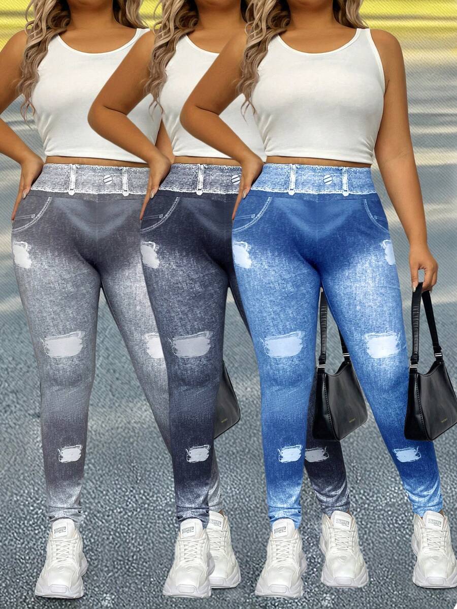 SHEIN LUNE Plus Size Dam Denim Effekt Tryckt Elastiska Skinny Leggings - Multifärgad - Visa 1