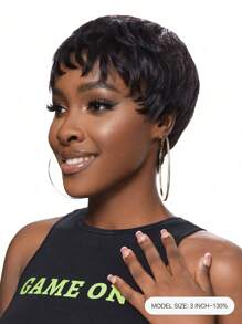 Short Pixie Cut Wig Natural Black Color Wave Bob Human Hair Wig With Bangs