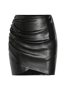 Chân váy mini nữ màu trơn bằng da PU, kiểu dáng xếp ly, ôm sát, màu đen, thích hợp cho mùa xuân. - màu đen - Xem 3