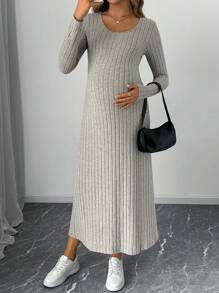 SHEIN Maternity Solid Color Round Neck Long Sleeve Simple Long Casual Dress