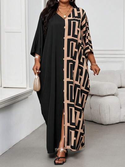 SHEIN Lady Plus Size V-Neck Long Sleeve Solid Color Patchwork Loose Casual Dress, Summer