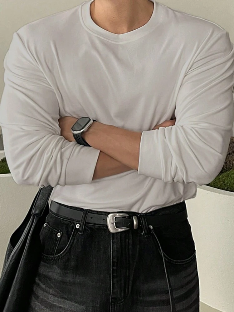 Men's Plain Casual Long Sleeve T-Shirt For Daily Wear, Spring And Autumn