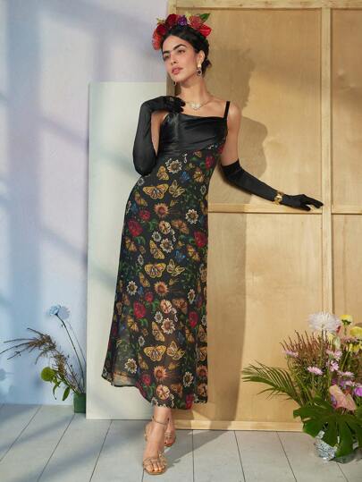 Frida Kahlo X SHEIN X Designer VERO DIAZ Floral & Butterfly Print Ruched Front Cami Dress, Summer, Holiday, Party, Thanksgiving, Birthday Outfits, Festival