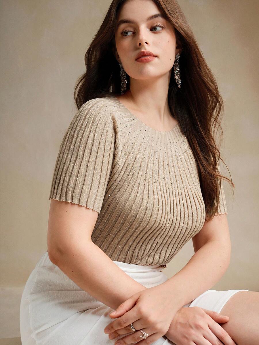 Anewsta Áo thun tay ngắn đính đá lấp lánh cỡ lớn cho nữ, mùa thu và đông - Lạc đà - Xem 1