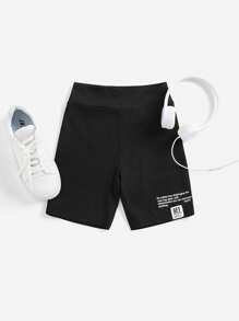 SHEIN Tween Girls' Athletic Shorts With Letter Pattern - Black - View 1