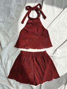 SHEIN Unity 2pcs/Set Women Sexy Backless Halter Crop Top And Shorts, Summer - Burgundy - View 3