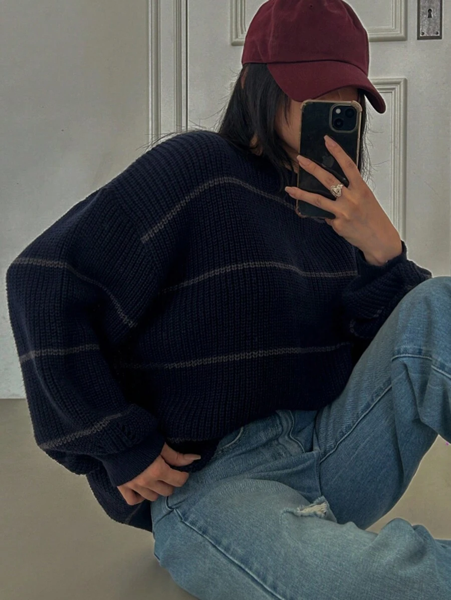 DAZY 女式条纹圆领宽松休闲套头毛衣，秋冬 - 彩色 - 查看 1