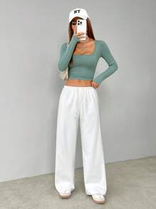 SHEIN VCAY Plus Size Casual Solid Color Drawstring Waist Pants