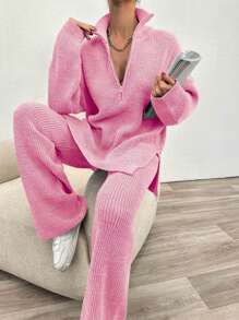 2 pièces Ensemble décontracté femme, pull ample à manches longues col zippé et épaule tombante de couleur unie et pantalon tricoté, automne hiver