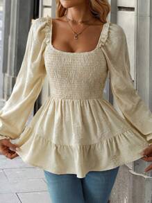 SHEIN LUNE Áo thun dài tay xếp ly xếp nếp màu trơn có viền trang trí cho nữ, trang phục thường ngày - Màu be - Xem 4