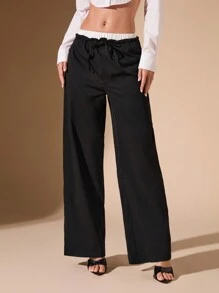 Glamine Contrast Color Waistband Loose Wide Leg Straight Casual Pants For Women Fall Cloth For Women - Black - View 4
