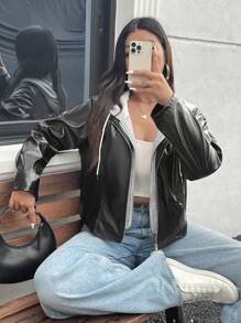 SHEIN Essnce Áo khoác trùm đầu chắp vá màu tương phản thời trang thu đông cỡ lớn cho nữ - màu đen - Xem 4