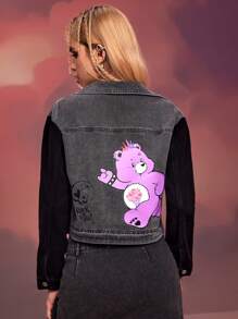 SHEIN X Care Bears DAYDREAMS AND ICE CREAMS Designer Casual Cartoon Bear & Letter Heart Printed Patchwork Pocket Short Jacket, Holiday, Thanksgiving, Winter, Spring, Festival