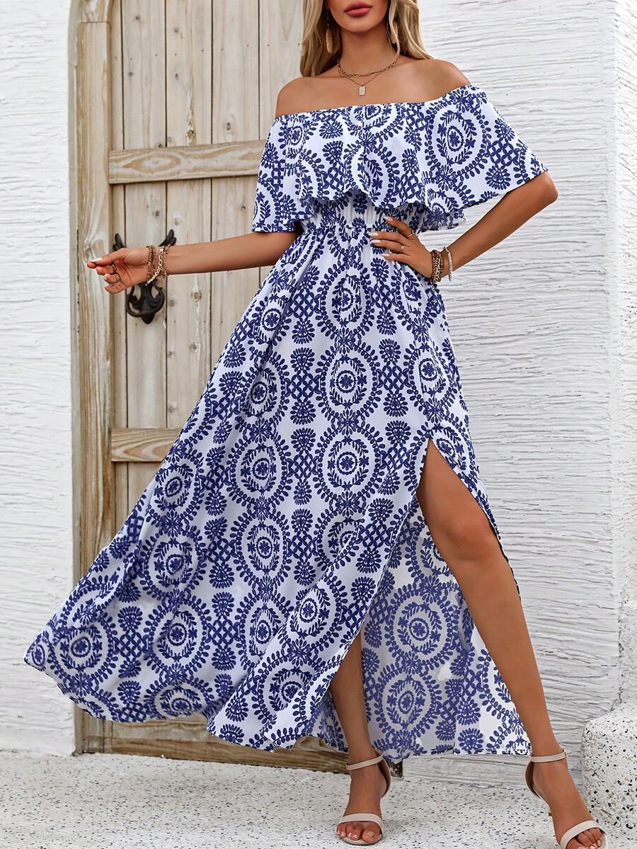 Women's Spring & Autumn Fashion Floral Print Waisted Mid-Length Dress - White - View 1