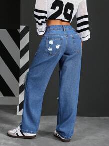 SHEIN PETITE Women's Loose Fit Straight Leg Distressed Pocket Jeans - Blue - View 2