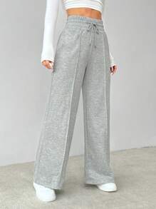SHEIN PETITE Solid Drawstring Waist Wide Leg Sweatpants Graduation,Back To School Outfits,Graduation,Teacher Outfits For Women,Back To School - Grey - View 3