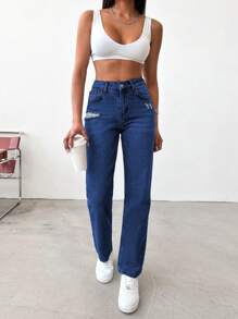 Cottnline 100% Cotton Women High/Mid-Rise Straight Leg Distressed Vintage Color Jeans - Medium Wash - View 4