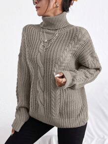 Cloudara Turtleneck Cable Knit Drop Shoulder Sweater - Camel - View 3