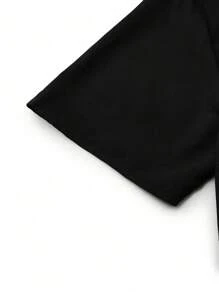 SHEIN Clasi Vestido feminino plus size, cor sólida, decote em V, manga curta, bainha com babados, verão - Preto - Ver 3