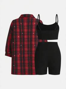 SHEIN Essnce 3 件套女士休闲轻便运动夏季性感时尚户外运动骑行网球旅行背心和紧身短裤和衬衫 - 紅色 - 查看 2