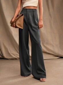 Anewsta 女式高腰直筒褶皱长裤 - 深灰色 - 查看 1