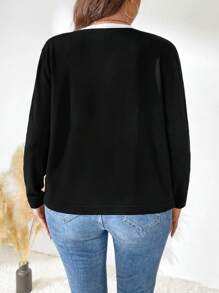 SHEIN LUNE 大码女式圆领纽扣长袖休闲时尚黑色开衫，适合冬季 - 黑色 - 查看 2