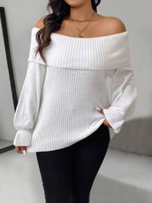 SHEIN Clasi 大码女式优雅纯色露肩灯笼袖套头衫，秋冬季，适合感恩节露肩毛衣露肩毛衣露肩套头衫露肩套头衫白色毛衣