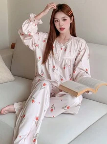 DAZY Ensemble de pyjama avec volant à motif tulipe - Nude - Voir 5