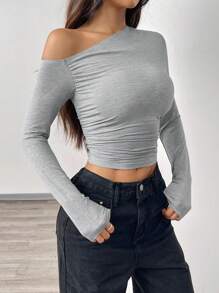 SHEIN EZwear 女士纯色不对称领长袖修身 T 恤，春夏 - 灰色 - 查看 3