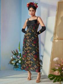 Frida Kahlo X SHEIN X Designer VERO DIAZ Floral & Butterfly Print Ruched Front Cami Dress, Summer, Holiday, Party, Thanksgiving, Birthday Outfits, Festival