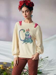 VALERIA GALIPOLI Frida Kahlo X SHEIN X Designer Print Totem Monkey Design Round Neck Backside Bow Tie Drop Shoulder Loose Sweatshirt, Holiday, Thanksgiving, Winter, Spring, Festival - Apricot - View 2
