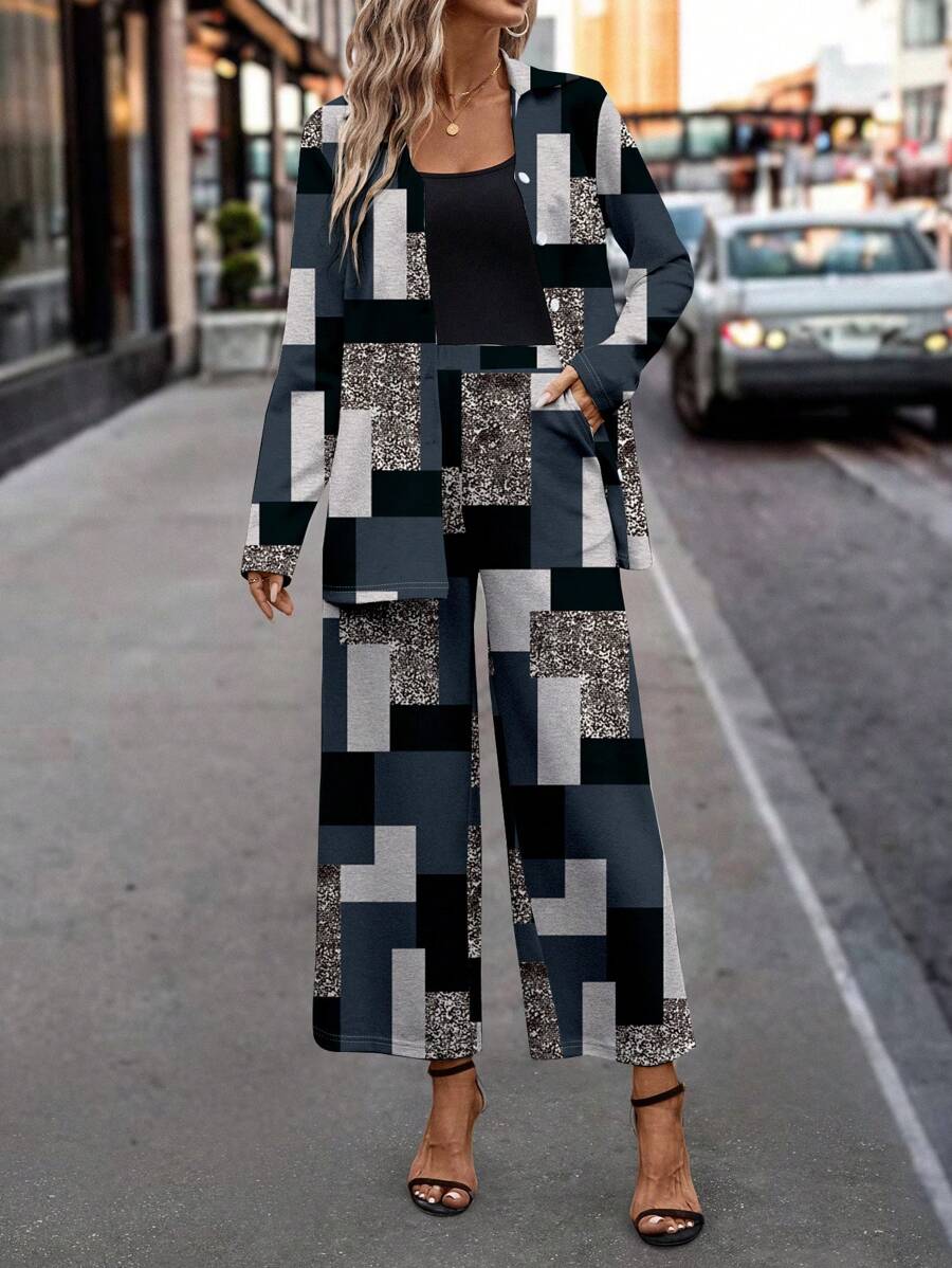 SHEIN Clasi 2pcs Abstract Geometric Print Long Sleeve Top And Wide Leg Pants Set For Women, Suitable For Autumn And Winter - Multicolor - View 1