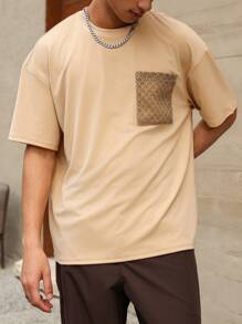 Manfinity Homme Men's Round Neck Short Sleeve Solid Color Patchwork Pocket Casual T-Shirt - Apricot - View 6