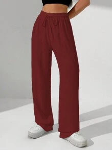 SHEIN Unity 女士纯色腰系带直腿宽松休闲裤 - 酒紅色 - 查看 5