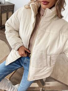 SHEIN LUNE 1pc Women's Solid Color Long Sleeve Zip-Up Corduroy Padded Padded Coat, Winter - Apricot - View 6