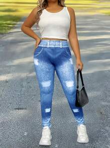 SHEIN LUNE Plus Size Dam Denim Effekt Tryckt Elastiska Skinny Leggings - Multifärgad - Visa 5
