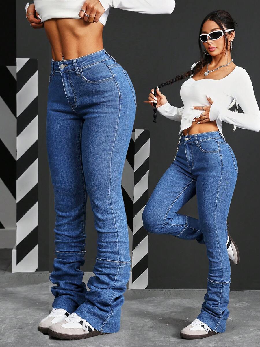 SHEIN PETITE 正面纽扣多口袋简约休闲牛仔裤 - 藍色 - 查看 1