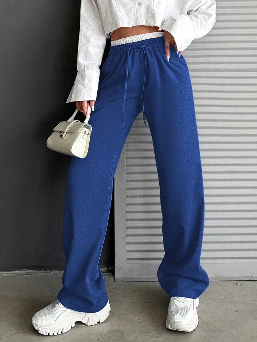 EURMUSE Double-Deck Waist Drawstring With Pockets Casual Straight-Leg Pants - Blue - View 1