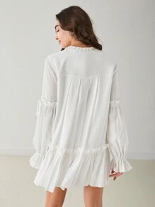 Enchnt 女士度假休闲纯色荷叶边下摆连衣裙