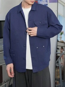 Manfinity Homme Retro American Casual Men's Loose Fit Blue-Grey Denim Shirt - Dusty Blue - View 6