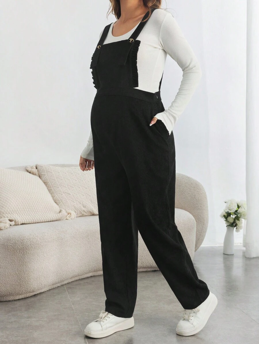 SHEIN Maternity Frill Trim Pocket Front Cord Overalls