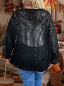 SHEIN CURVE+ Plus Size Cho Nữ Màu Trơn Tối Giản Hàng Ngày Áo Len Dài Tay Rỗng - màu đen - Xem 2