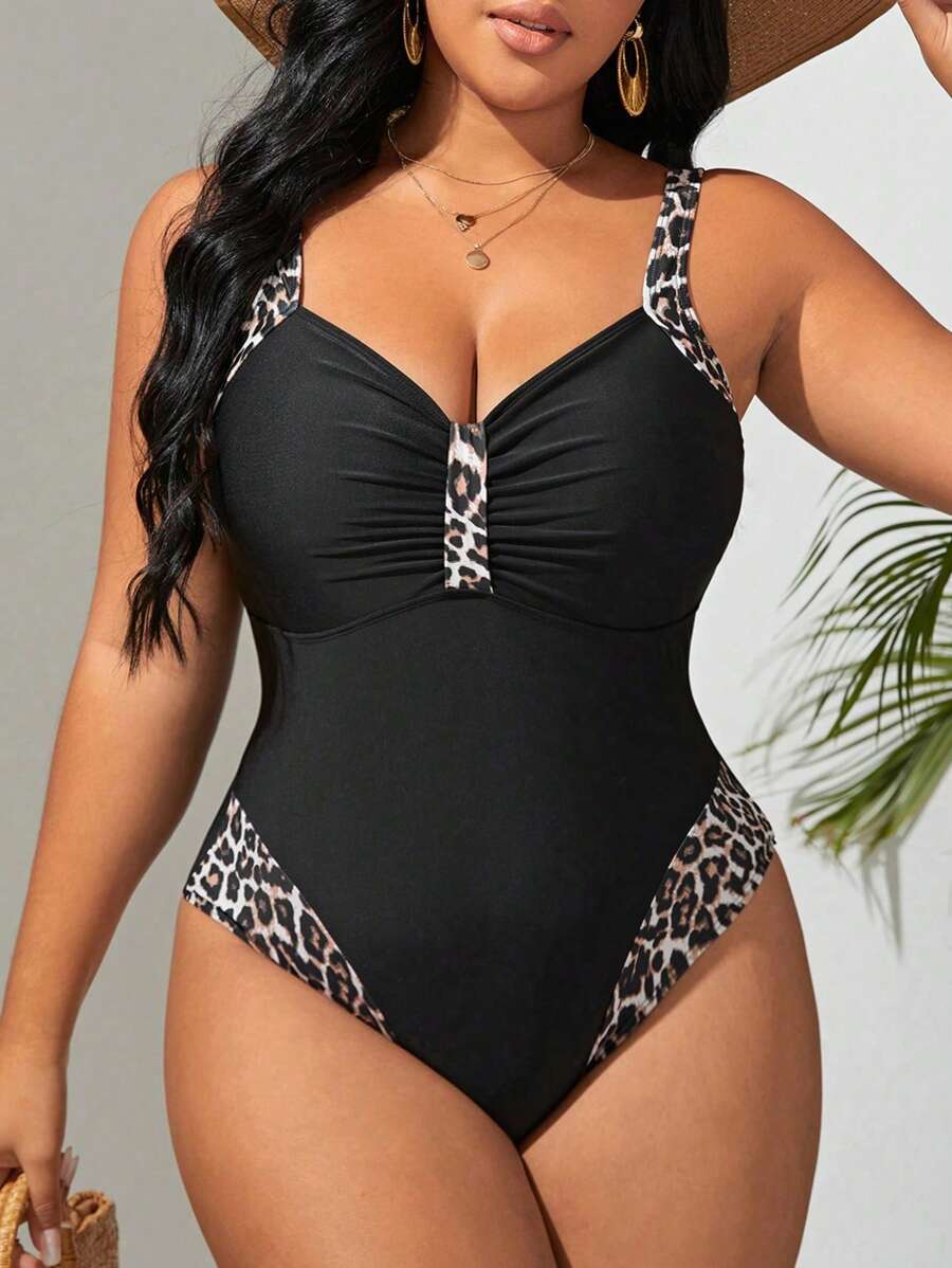 Swim Lushoire Summer Beach Plus Leopard Print Ruched One Piece Swimsuit
