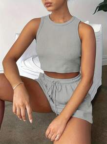 INAWLY 2 件女式圆领无袖上衣和抽绳休闲短裤套装