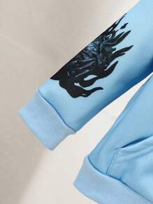 SHEIN 2pcs/Set Baby Boy Street Fashion Letter & Flame Print Hooded Jacket And Pants Outfit, Fall And Winter - Blue - View 6