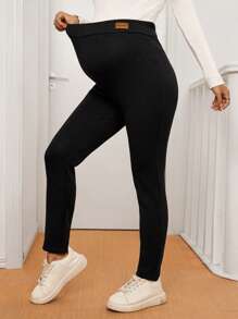 SHEIN Maternity Adjustable Waist Letter Print Casual Leggings - Black - View 4