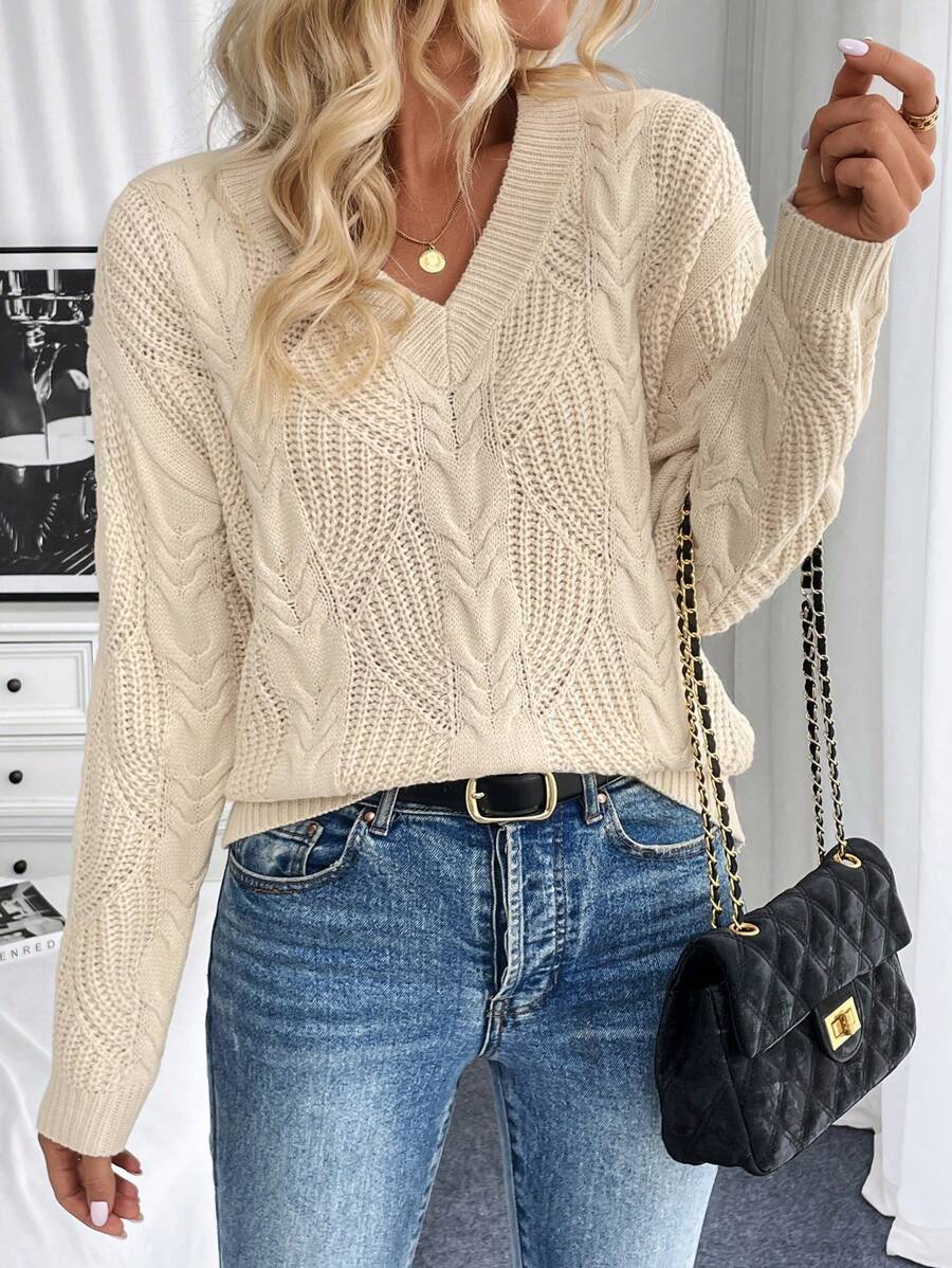 SHEIN LUNE Áo len dài tay rộng rãi cổ chữ V trễ vai màu trơn cho nữ, mùa thu đông - Màu be - Xem 1